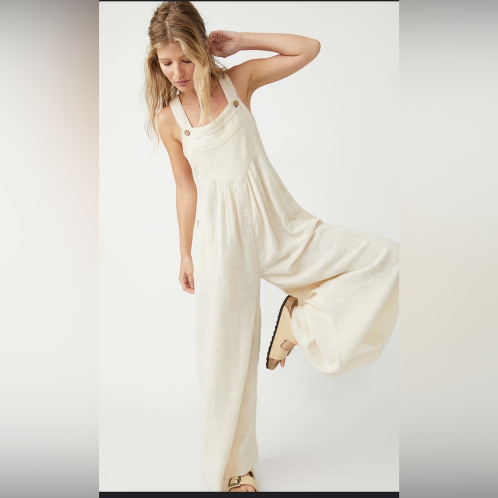 Free People Cream Wide-Leg Pinafore Jumpsuit